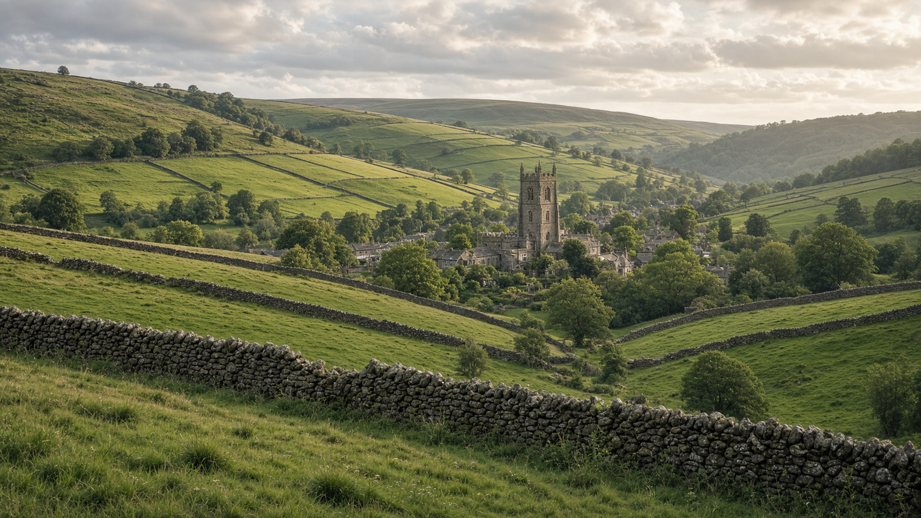 Rolling Peak District hills and a stone church near Rainow village.